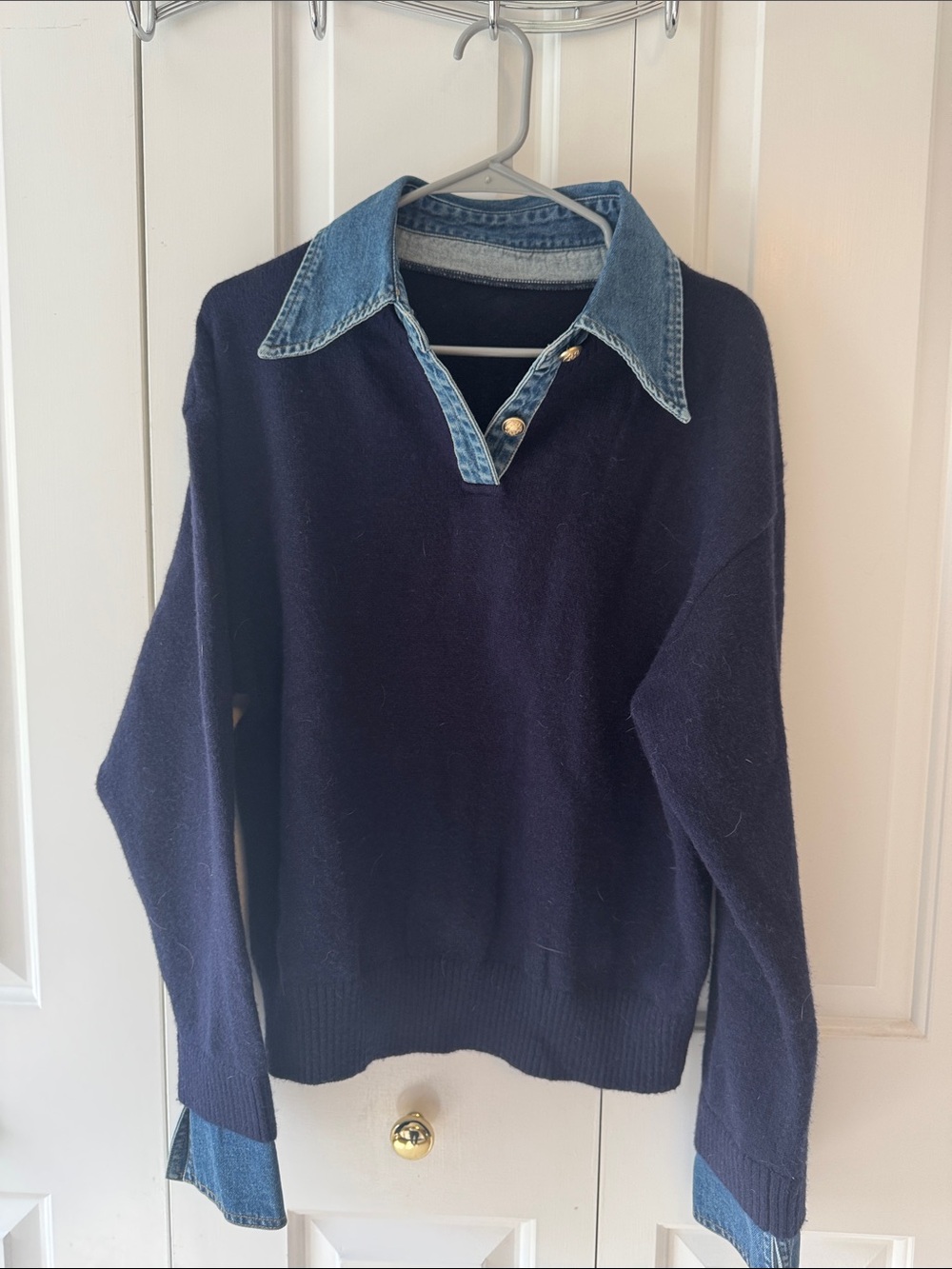 Commense Navy Crew Sweater with Denim Collar & Cuff Trim